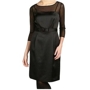 Tahari Arthur S Levine Black Satin Mesh Yoke Belted‎ Cocktail Dress 14